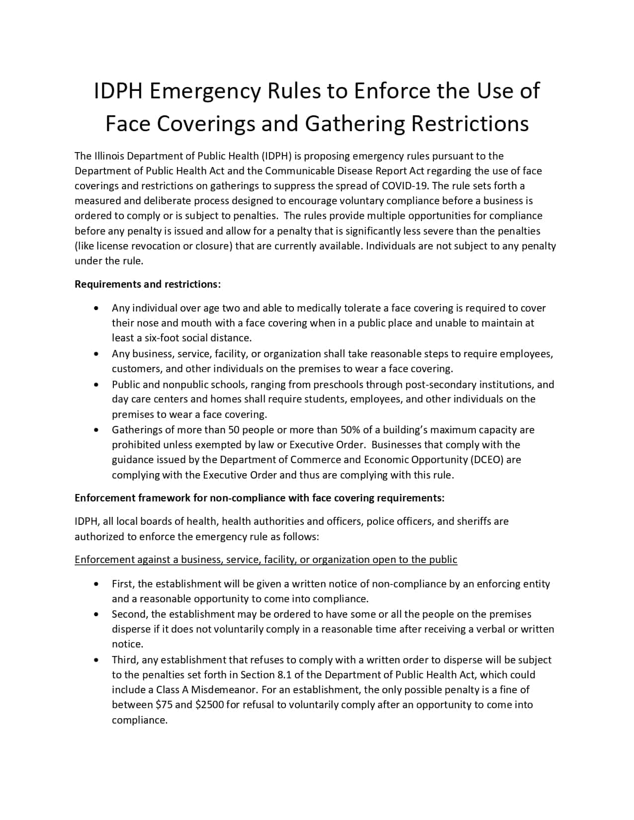 IDPH Emergency Rules to Enforce the Use of Face Coverings and Gathering Restrictions Fact Sheet_page-0001